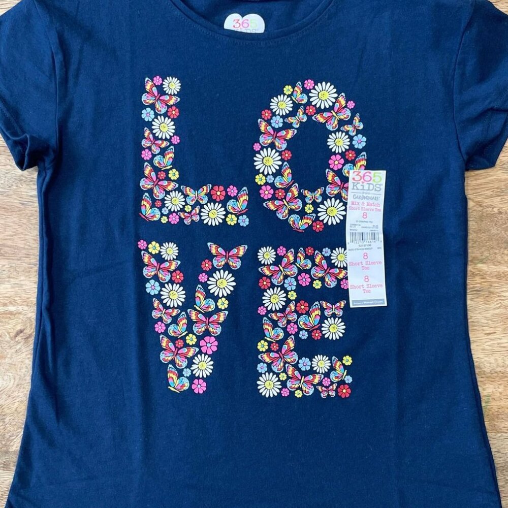 5/$20 NEW 8 Girls Floral & Butterflies LOVE Tee - Picture 2 of 4